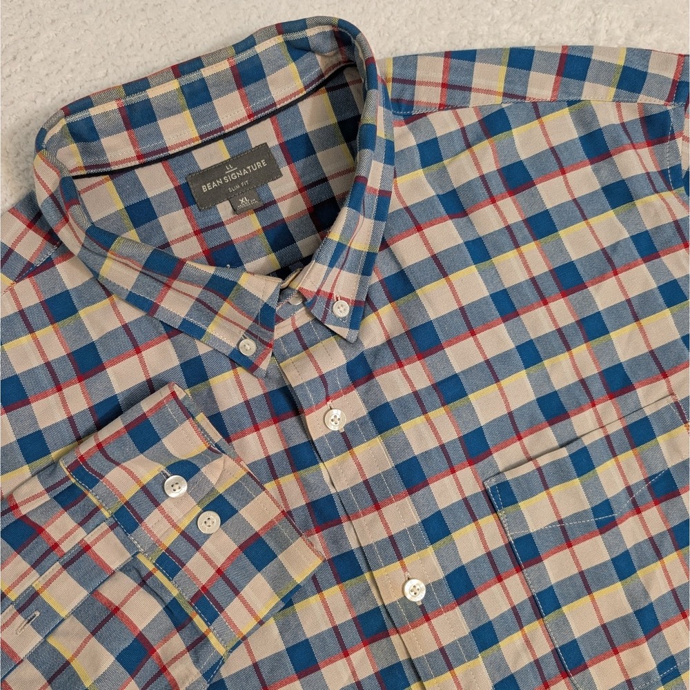 LL Bean Signature Slim Fit Flannel Shirt M's XL Window Pane Plaid Blue Red Yellw